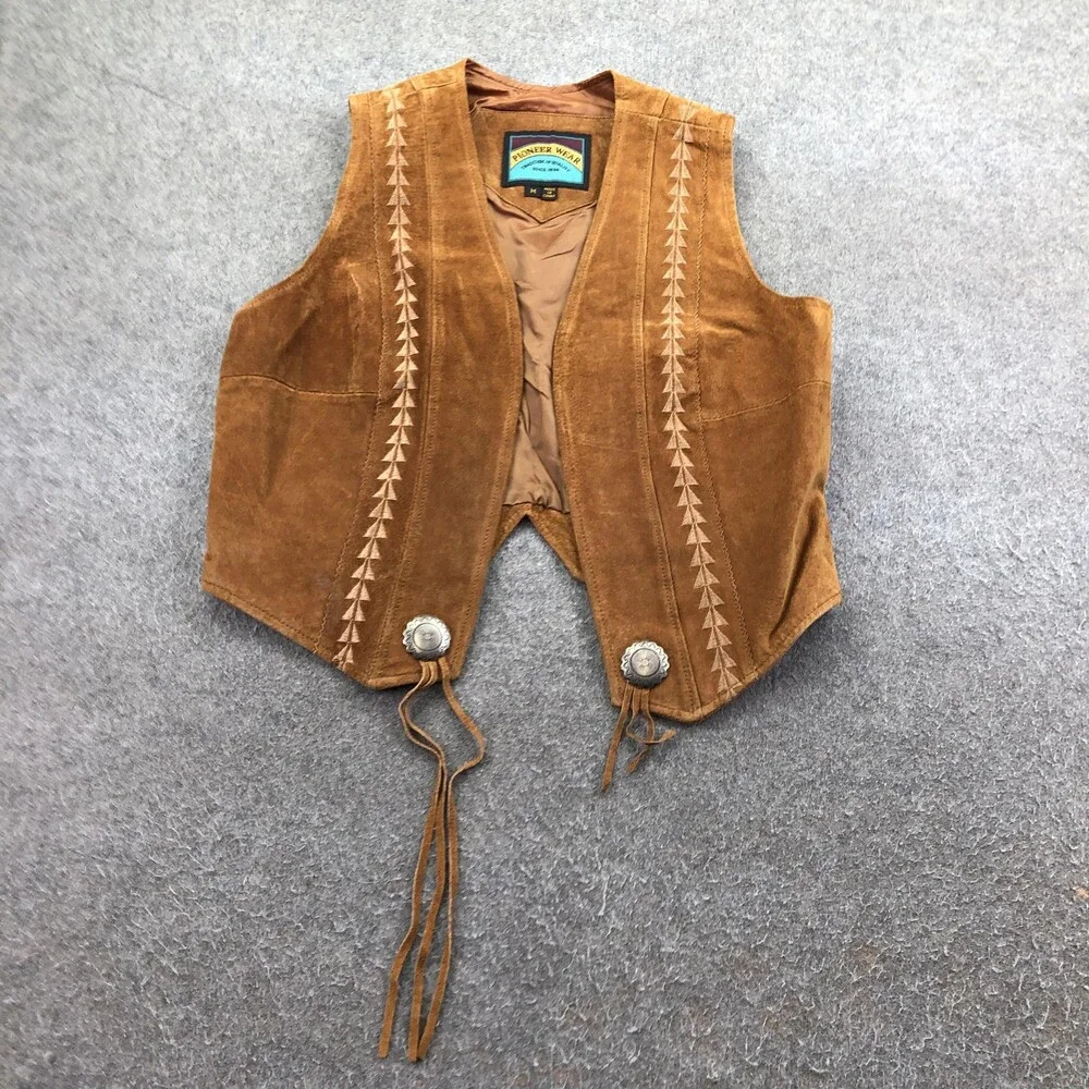 Pioneer Wear Vest Mens Medium Brown Suede Western Tie Concho Arrow Trim Lined